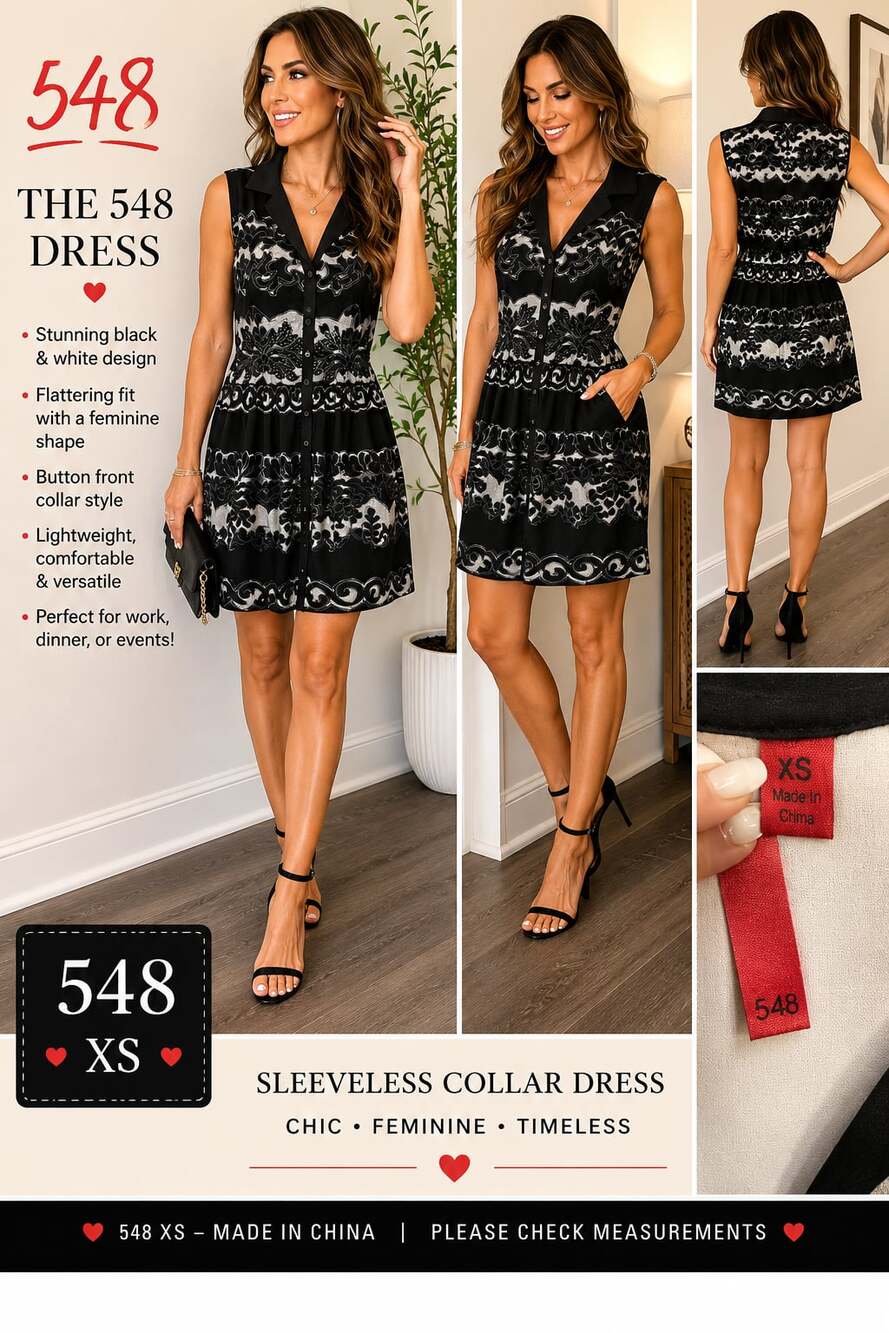 5/48 Black & White Abstract Floral Sleeveless Collared Dress Women’s sz XS